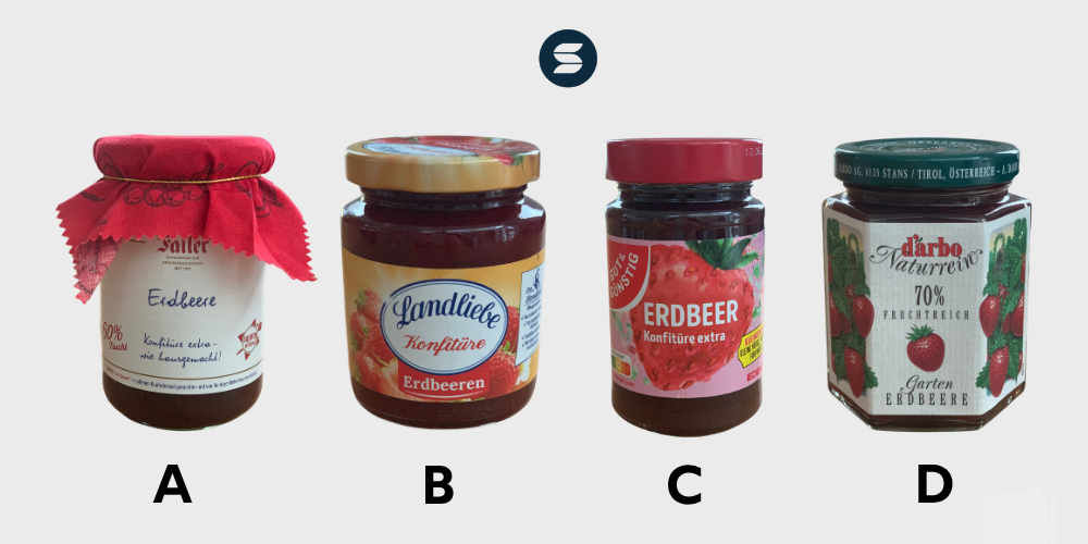 Vier Marmeladengläser zur Auswahl A, B, C, D
